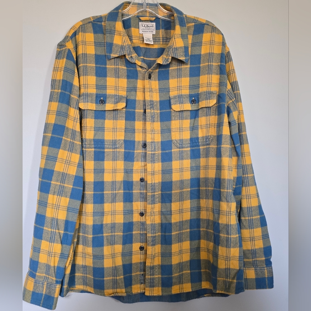 L.L. Bean Blue and Yellow Plaid Organic Cotton Flannel Shirt